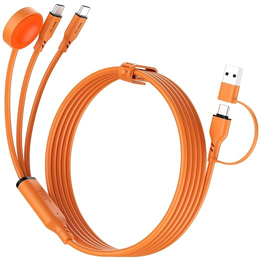 Travel Essentials 3 in 2 Multi Charging Cable 100W USB A/C to Dual USB C/for Apple Watch Charging Cable Silicone Fast Charge Compatible with iPhone 17-15 Series iPad MacBook, Type-C Devices 5FT-Orange