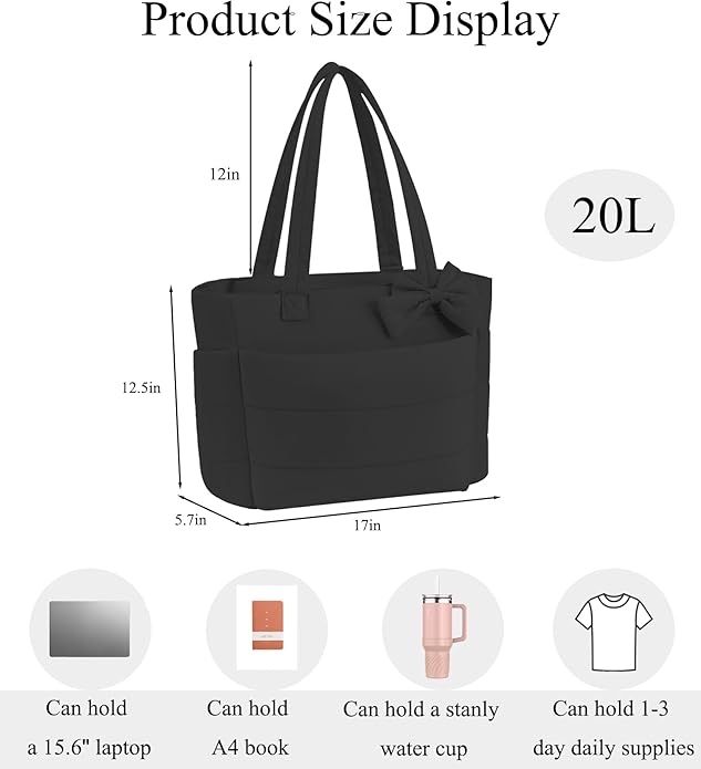 Puffer Tote Bag for Women, Quilted Bow Tote Bag with Cup Holder & 15.6 In Laptop Compartment for Work, Travel, Gym, College