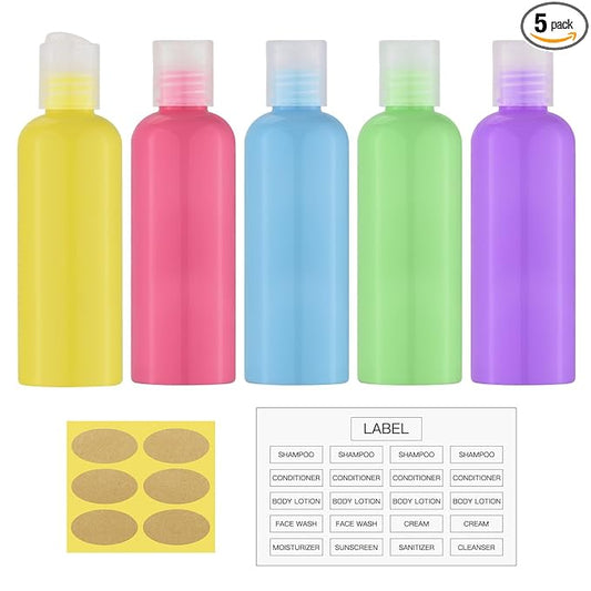 Travel Bottles for Toiletries 3.4 oz - Travel Size Containers for Shampoo Plastic - Small Empty Lotion Squeeze Bottle for Liquid TSA Approved - Leak Proof Mini Conditioner Refillable 5Color 100ml