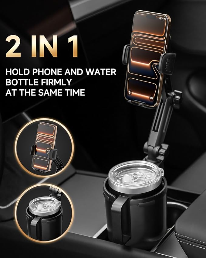 DYLEN Cup Holder Phone Holder for Car, 2 in 1 Cup Holder Phone Mount with Adjustable Base, Long-Arm Supports 360° Rotation, Car Phone Holder Compatible with All Phones| Anti-Slip&No Shake Design