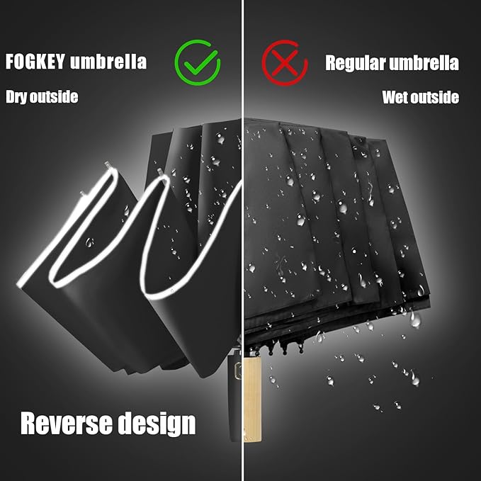 Fogkey Large Windproof Travel Umbrella - Reverse Auto Folding Car Umbrella for Rain and Sun, Compact Inverted Design with Waterproof Canopy, 10 Durable Ribs, Fits Backpack, Portable for Women & Men