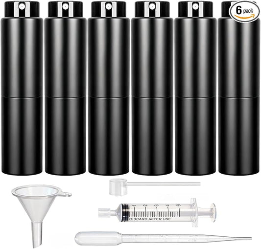 6 Pack 20ml Cologne Travel Bottle, Refillable Perfume Atomizer, Leakproof Travel Perfume Spray Bottle with Dispenser Tool, Empty Portable Fragrance Sprayer for Man, Woman, Black