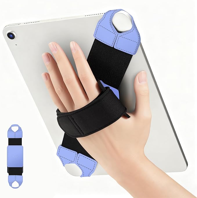 FINTIE Universal Tablet Hand Strap Holder for 9-11 Inch Tablets eReaders, 360 Degrees Swivel PU Leather Secure Portable Adjustable Handle Grip for iPad, Galaxy Tab and 9-11" Tablets (Blue)