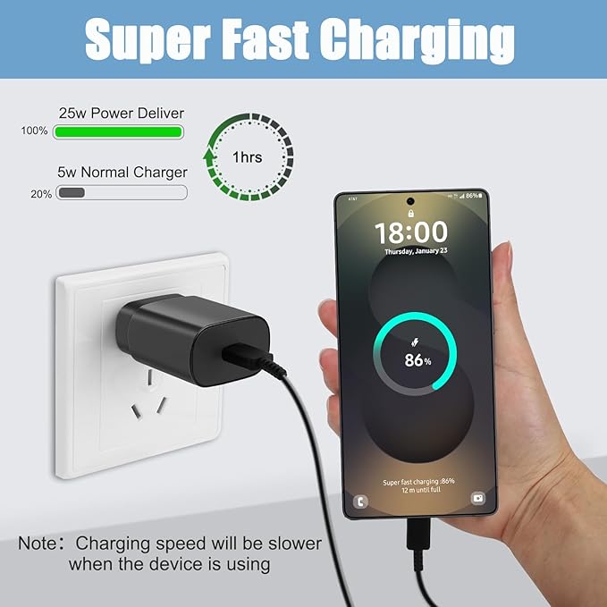 USB C Charger,25W Type C Charger Super Fast Wall Block &12Ft Android Phone Charger Cable Cord for Samsung Galaxy S26/S25/S25 ULtra/S25+/S24/S24 Ultra/S24+/S23/S23 Ultra/S23+/S22/S22 Ultra/S22+/S21