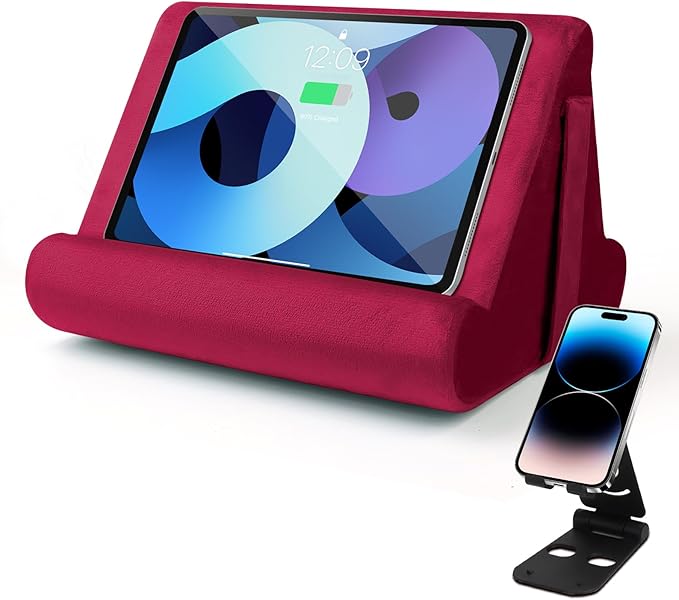 Multi-Angle Tablet Stand with Soft Pad and Net Pocket - Universal Phone and Pad Holder for Lap, Knee, Sofa and Bed (Wine Red)