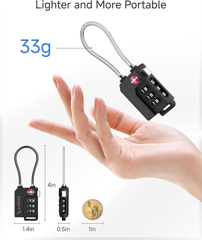 LUGGEX TSA Locks for Luggage, Suitcase Locks TSA Approved, Luggage Locks, Gift Box, Ease of Use & Durable(Silver Cable,4 Pack)