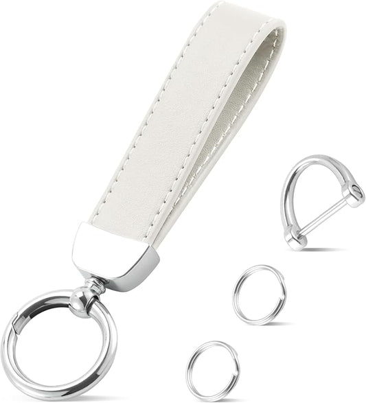 JUSTTOP Leather Keychain, Car Key Chain with Anti-Lost D-Ring and 2 Key Ring, Keychain Wristlet, Car Accessories, Universal Keychain for Men and Women (White)
