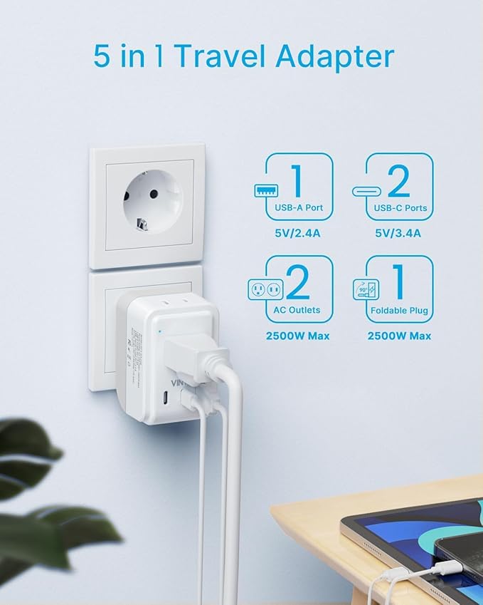 Type E F Plug Adapter, VINTAR Schuko Germany France Power Adapter with 2 Outlets 3 USB Ports(2 USB C), 5 in 1 Type F Travel Adapter for US to EU Spain Iceland Korea Greece Russia German French