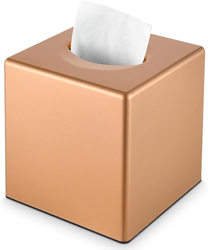 Y-in Hand Tissue Box Cover, Decorative Square Facial Storage Tissue Box Holder, Home Accessories for Bathroom Vanity Countertops, Dressers, Night Stand, Parlors and Office (Camel Rose Gold)