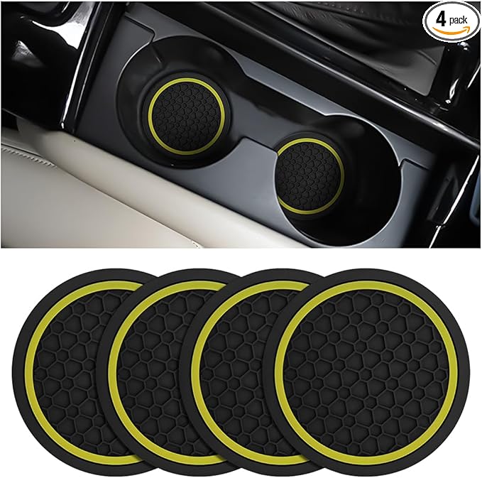 Mandark 4PCS Car Cup Holder Coasters, 2.75 Inch Non-Slip Insert Water Bottle Holder Pads, Dustproof Automotive Interior Accessories Mat, Universal for Vehicles, Trucks, RVs and More (Black/Yellow)