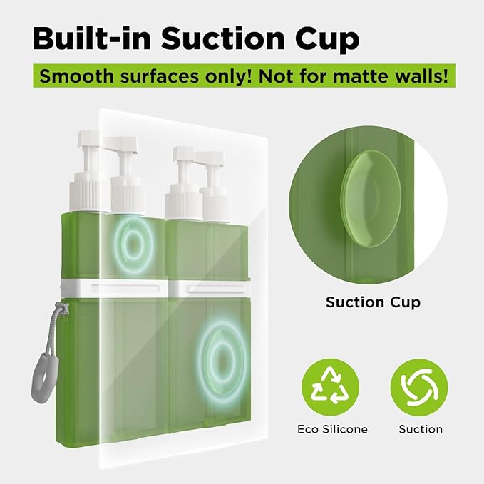 4 in 1 Travel Dispenser Bottle, TSA Approved Refillable Shampoo and Conditioner Bottles Set with Suction Cup for Smooth Walls, Travel Size Toiletries Container for Body Wash/Lotion.(Green)