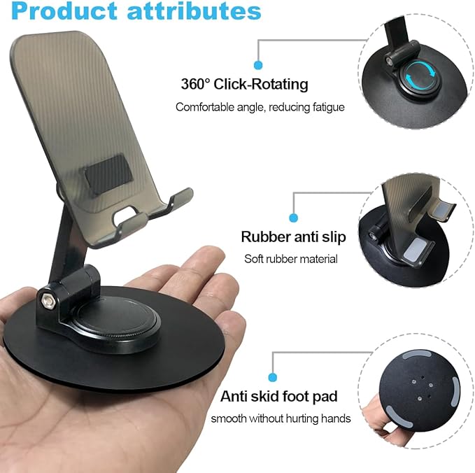 POQOD Foldable Cell Phone Stand for Desk, Fully Adjustable Phone Holder for Desk Compatible with iPhone 16 15 14 13 12, Nintendo Switch, All Phones, (Black)