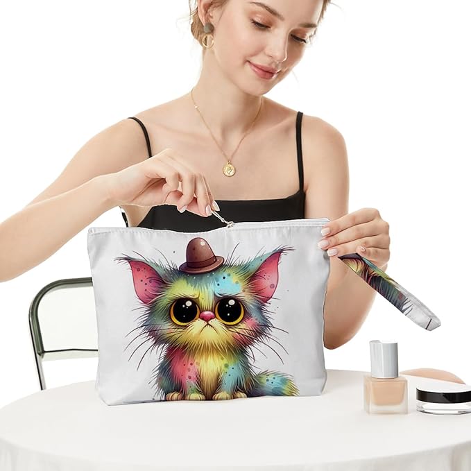 Fokongna Cute Print Wet Bag, Small Portable Waterproof Multi-Functional Organizer for Women, Rainbow Watercolor Fluffy Cat, Ideal for Daily, Beach & Travel
