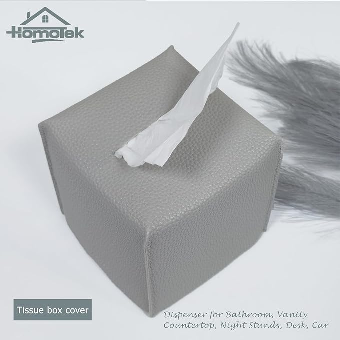 HOMOTEK 2 Pack Tissue Box Cover, Square PU Leather Tissue Holder, Decorative Facial Tissue Cube Paper Organizer Dispenser for Bathroom, Night Stands, Desk, Car 5X5X5'' - Light Gray, Pebble Grain