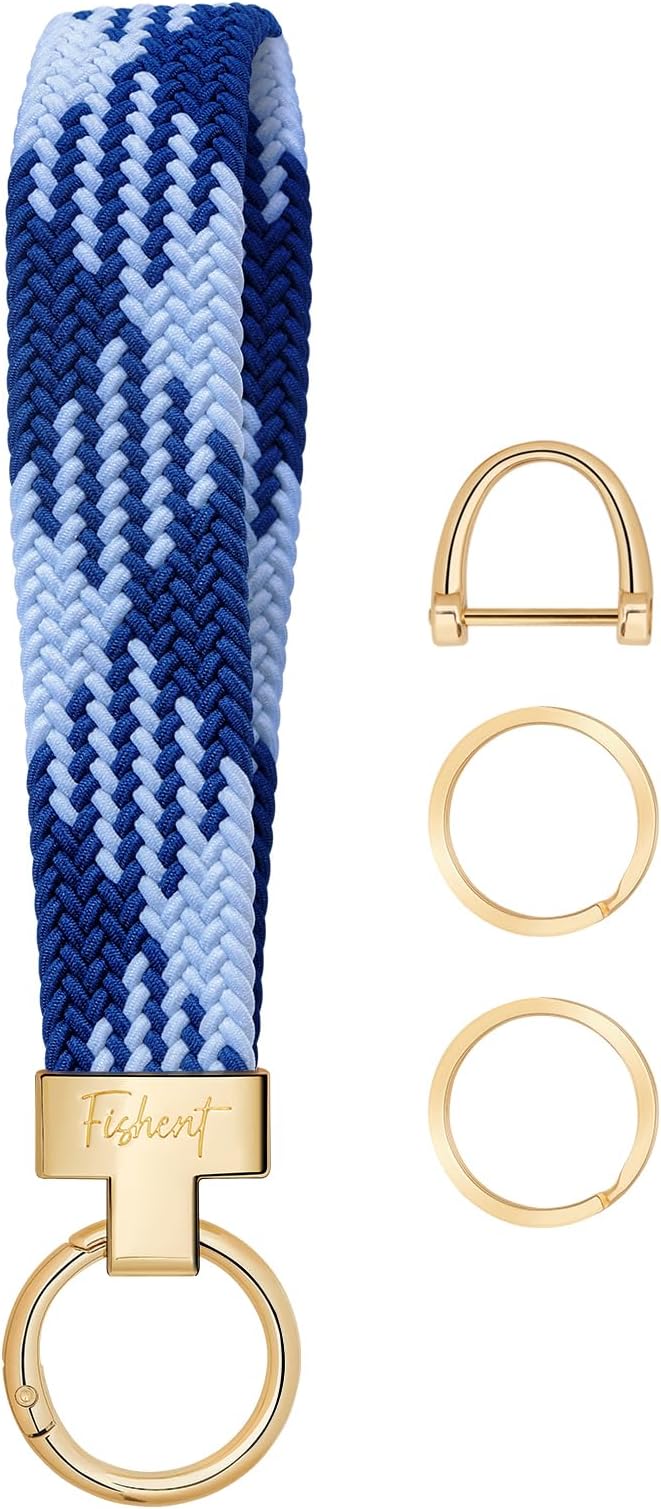 Fishent Stretchy Wristlet Keychain, Cute Key Chain, Woven Wrist Lanyard for Car Keys with 3 Keyrings and D-ring for Women Men