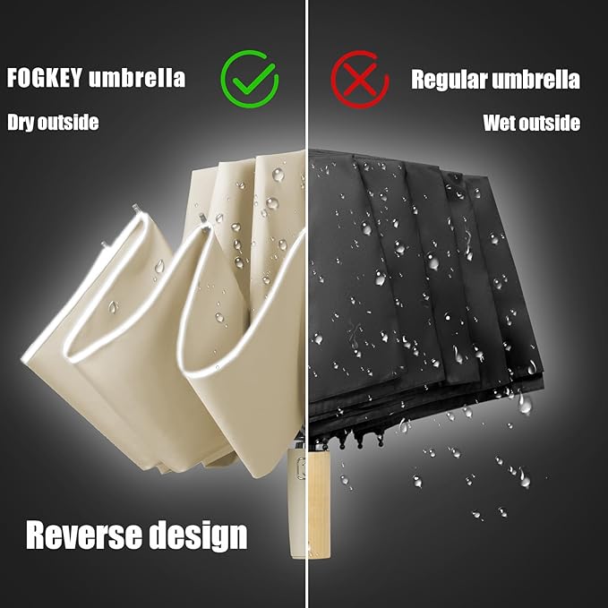 Fogkey Large Windproof Travel Umbrella - Reverse Auto Folding Car Umbrella for Rain and Sun, Compact Inverted Design with Waterproof Canopy, 10 Durable Ribs, Fits Backpack, Portable for Women & Men