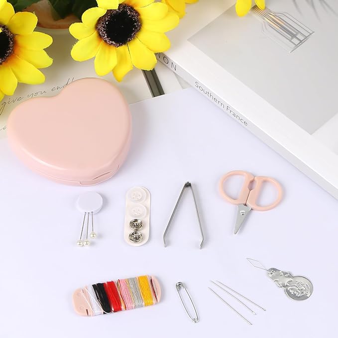 MIDELONG Heart Shaped Portable Travel Sewing Repair Kit - Mini Box with Threads, Scissors, DIY Hand Sewing Needles, Pink