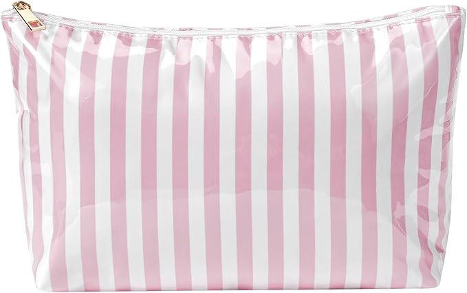 Large PVC Waterproof Striped Makeup Bag,Clear Coated Cosmetic Bags,Easy to Clean,Travel Organizer Zipper Pouch Beach Vacation Essentials for Women Girls(04Pink Stripe)