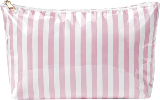 Large PVC Waterproof Striped Makeup Bag,Clear Coated Cosmetic Bags,Easy to Clean,Travel Organizer Zipper Pouch Beach Vacation Essentials for Women Girls(04Pink Stripe)