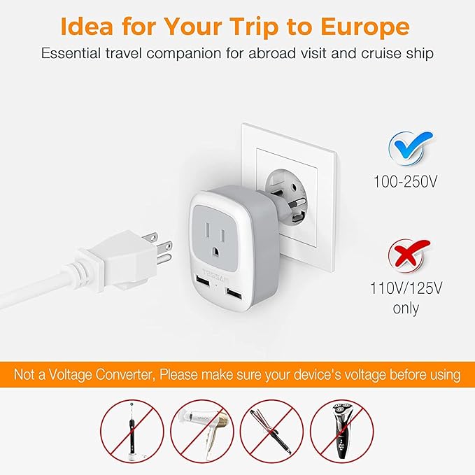 European Travel Plug Adapter 2 Pack, TESSAN International Power Outlet Adaptor with 2 USB, Type C Charger from USA to Most of Europe EU Spain Iceland Germany France Italy Israel