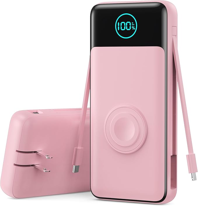 Portable Charger for iPhone with Built-in Cables and AC Wall Plug,26800mah Fast Charging USB C Power Bank,25W PD Travel Essential Battery Pack for iPhone 17/16/15/14/13,Galaxy,Apple Watch (Pink)