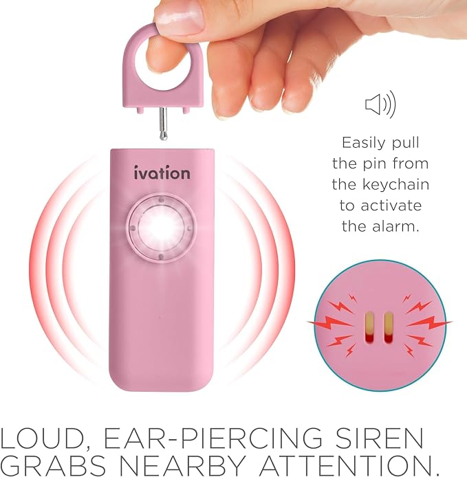 Ivation Personal Rechargeable SOS Alarm, Pocket Size Loud 130dB Sound Safety Siren & LED Panic Strobe Light with Carabiner Keychain Clip for Women, Children & Seniors, Pink