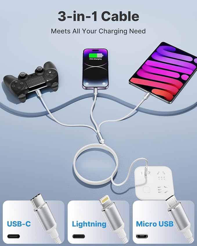 Multi Charging Cable, Multi USB Cable Nylon Braided 3 in 1 Multiple USB Cable Universal Charging Cord Adapter with IP/Type C/Micro USB Port for Cell Phones/Samsung Galaxy/Ps/LG/Huawei/Tablets/Kindle