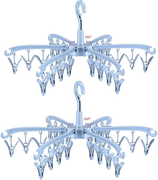 2 PCS Foldable Drying Rack with 24 Clips for Drying Socks Lingerie Baby Clothes Drying Towels Rotatable Sock Drying Rack (Blue)