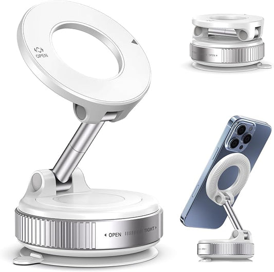 Jikasho Vacuum Magnetic Car Phone Holder for Magsafe, Hands-Free 360° Adjustable Suction Cup Phone Mount for Car/Gym/Mirror/Smooth Surface, Compatible with iPhone & Android (White)