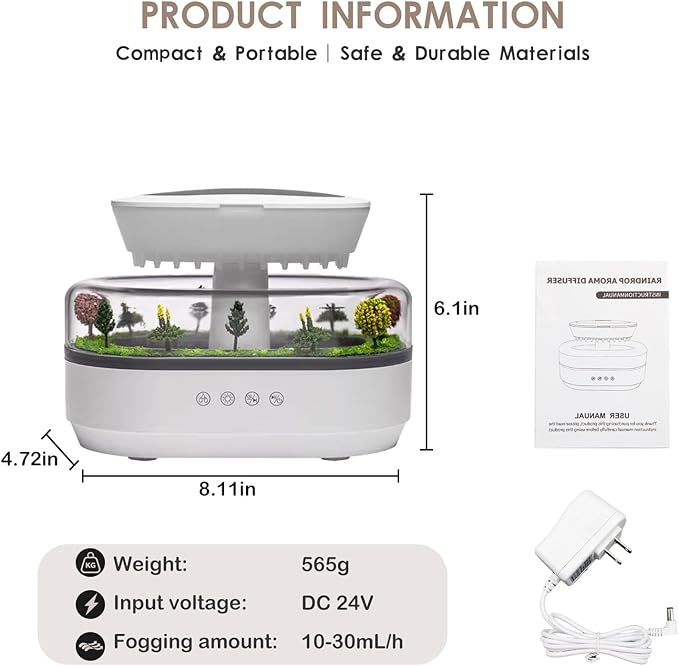 Rain Humidifier – Ultrasonic Rainfall Humidifier with Simulated Water Drop Effect, Quiet Mist for Bedroom, Office & Plants