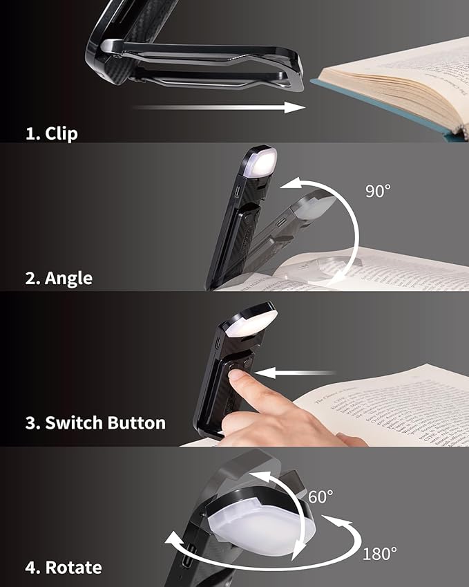 HEMONNKAM Book Reading Light, Rechargeable Clip on Booklight, Eye Caring 3 Color Temperatures & 5 Brightness Levels, Night Use for Bed, Long Lasting, Reading at Night in Bed, Mystic Black