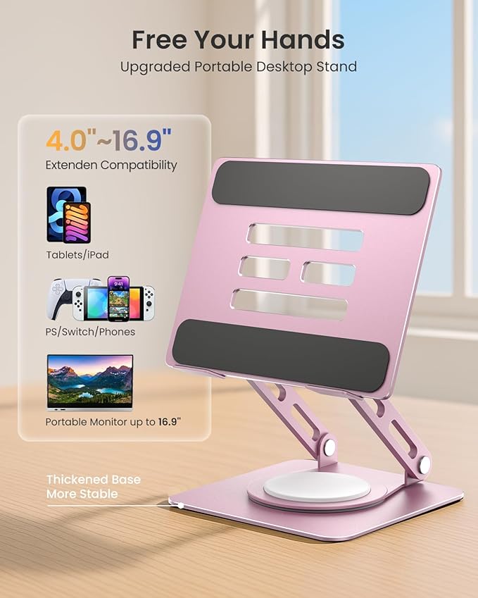 LOXP Metal Tablet Stand, 360 Rotating iPad Stand with Heavy-Duty Base, Tablet Holder Compatible with 4.7-16.9" Device, iPad Pro Air Mini, Kindle, Surface Tablet, Portable Monitors - Purplish Pink