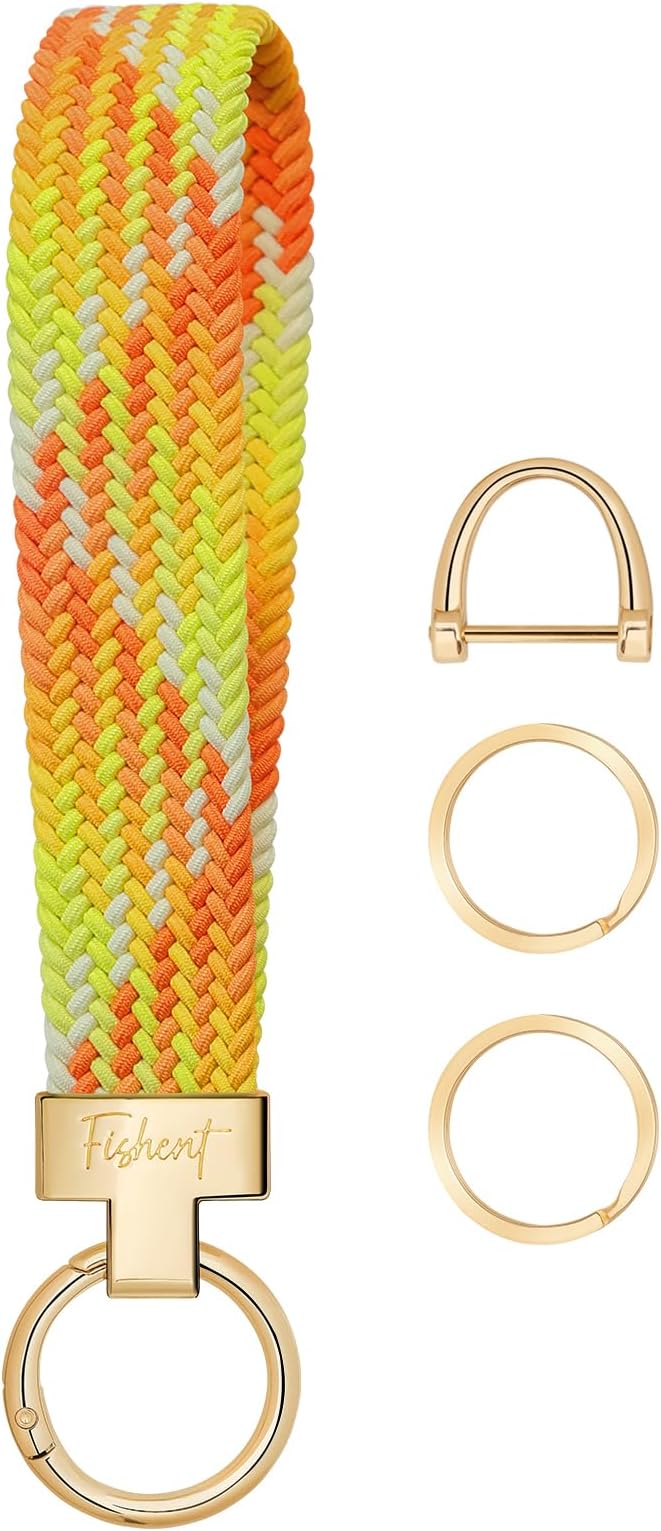 Fishent Stretchy Wristlet Keychain, Cute Key Chain, Woven Wrist Lanyard for Car Keys with 3 Keyrings and D-ring for Women Men