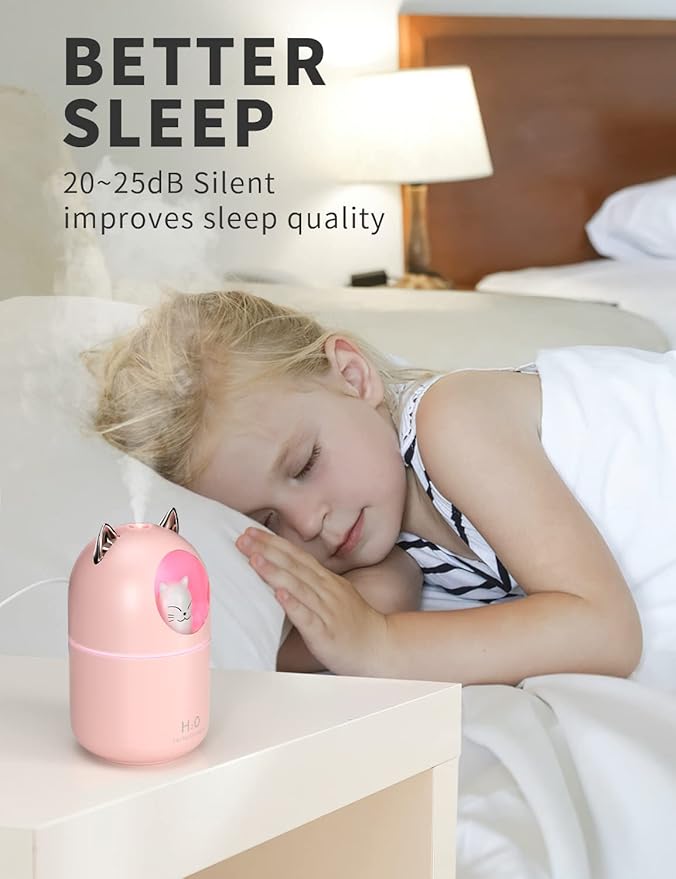 Cool Mist Humidifier,300ml Mini Humidifiers with Night Light,Waterless Auto-Off Air Humidifier,20dB Quiet Humidifiers for Bedroom,Car, Plant for Girl Boy