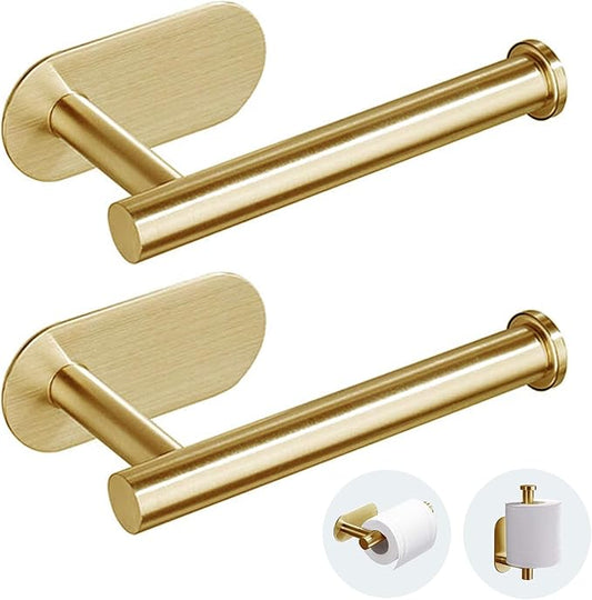 JOPOFI Toilet Paper Holder - Self Adhesive Toilet Paper Holder Wall Mount for Bathroom, Command Strip Stainless Steel Toilet Paper Roll Holder Stick On Wall, No Drilling - Brushed Gold（2 Pcs）