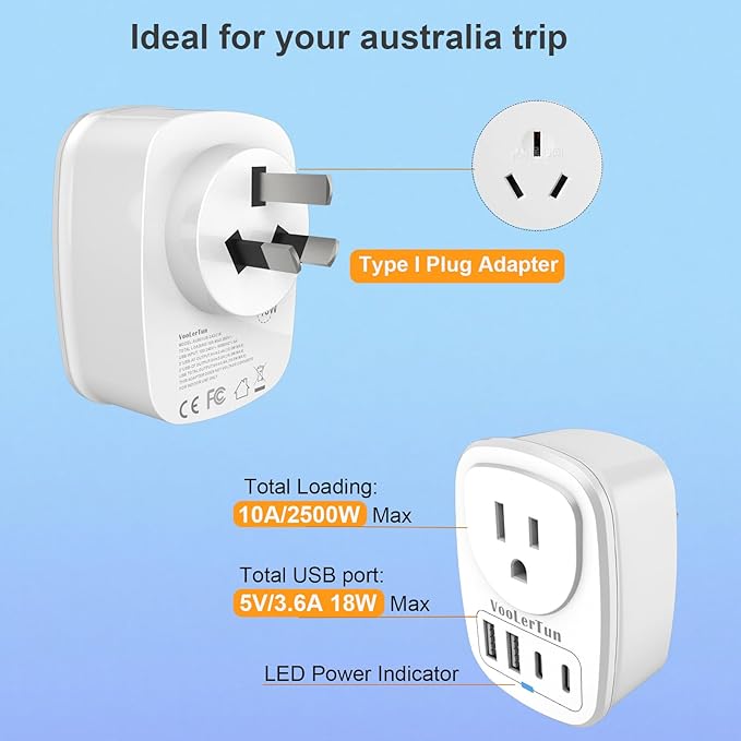 Type I Australian Plug Adapter New Zealand Power Adapter 2 Pack, 3 Prong Adapter with USB Outlet Converter US Outlet for Argentina Travel Cruise