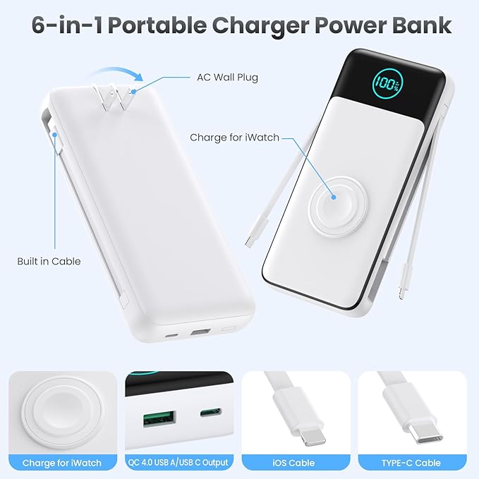 Portable Charger for iPhone with Built-in Cables and AC Wall Plug,26800mah Fast Charging USB C Power Bank,25W PD Travel Essential Battery Pack for iPhone 17/16/15/14/13,Galaxy,Apple Watch (White)