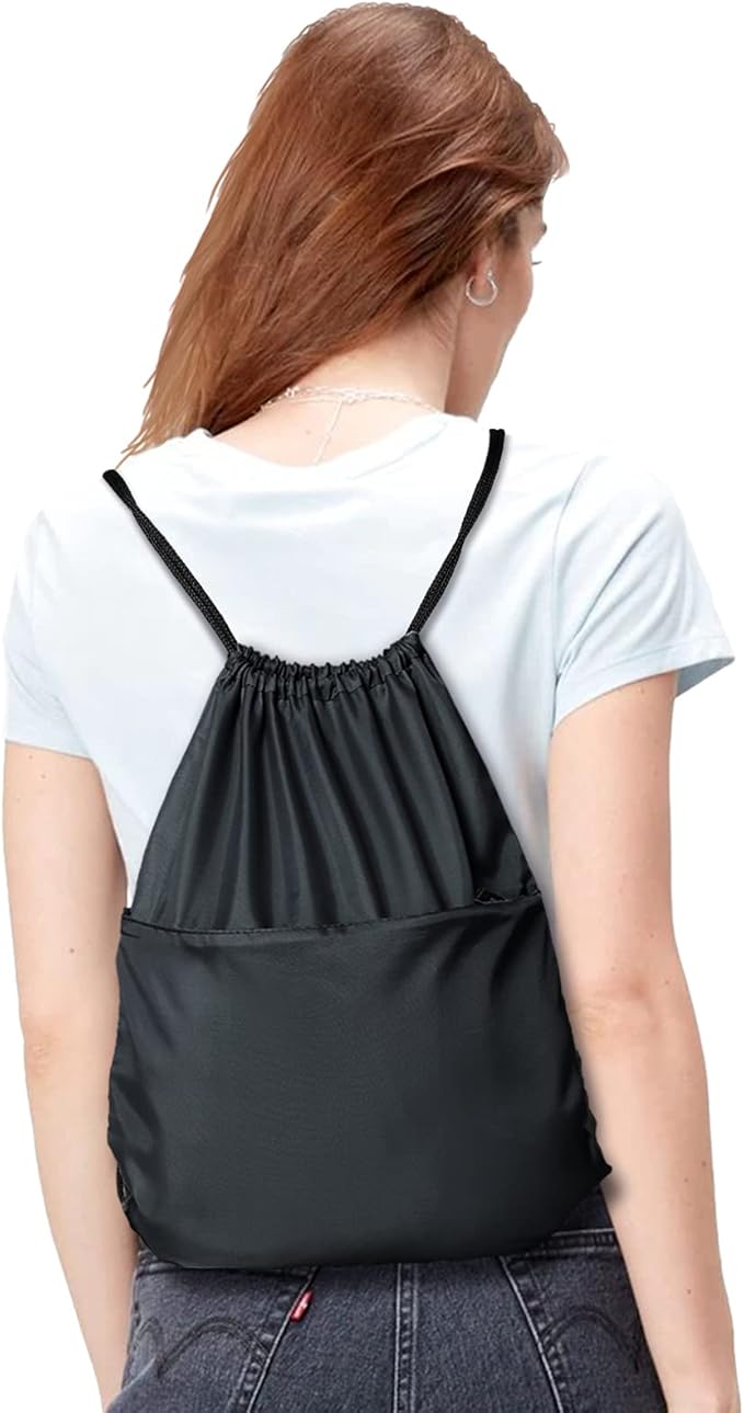 Drawstring Backpack Sports Water Resistant String Bag Sport Gym Sackpack for Women Men Large with Zipper, Black