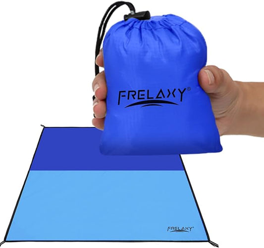 Frelaxy Pocket Picnic Blanket, Waterproof Sandproof Beach Mat, Compact Camping Tarp for Festivals, Hiking, Travel, Outdoor Recreation (Navy & Blue, 57'' x 60'')