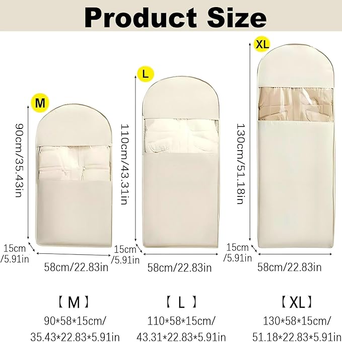 Space Saving Hanging Garment Bag with Self Compression Zipper, New Update Space Saver Clothes Storage Organizer, Dust Cover Clothes Bags for Down Coat (Beige, L)