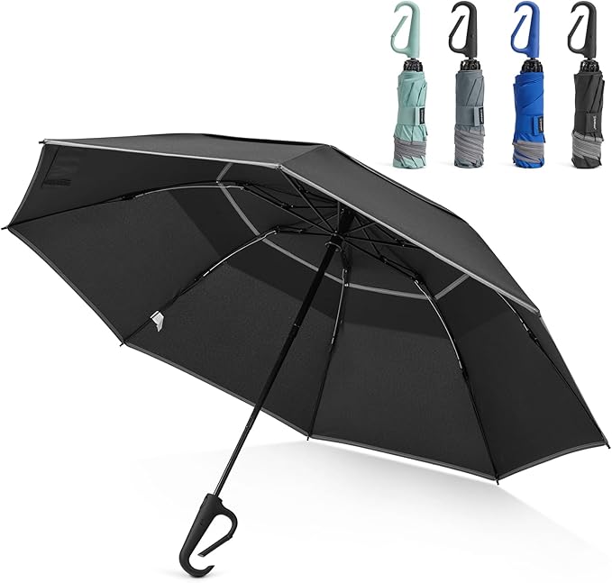 G4Free 46inch Ring Buckle Umbrella, Inverted Design with Carabiner Handle, Compact Travel Umbrella with Reflective Strip, Automatic Windproof for Rain