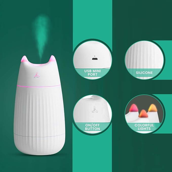 Upgraded Mini USB Cute Cool Mist Portable Humidifier, for Kids Baby Nursery Bedroom Office Car Desk, 7-Color Lights 2 Mist Mode Auto Shutoff Whisper Silent (200ml, White)