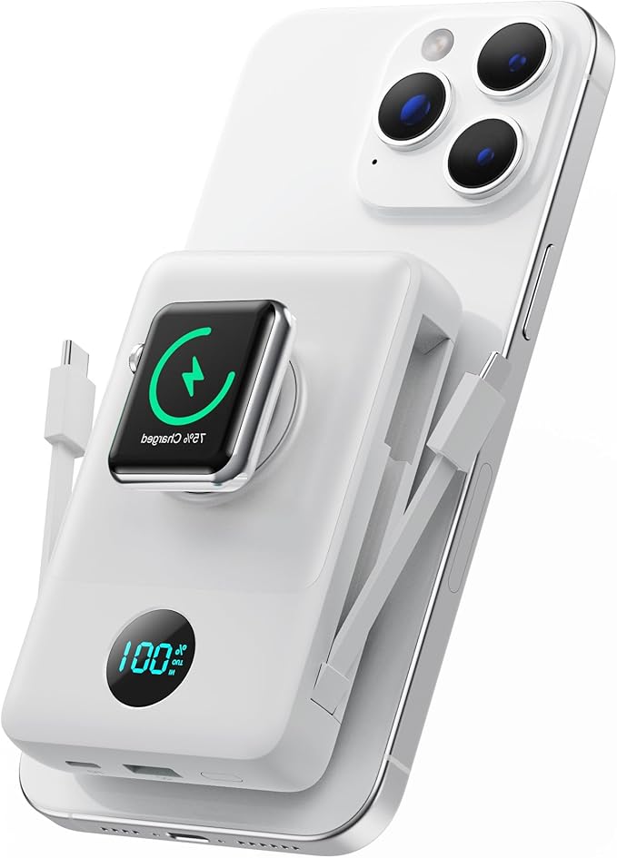 Ekrist Magnetic Portable Charger for MagSafe with Built-in Cable,iWatch Charger,Wireless Power Bank Travel Essentials,25W Fast Charging Battery Pack for iPhone 17/16/15,Apple Watch(White,10800mAh)