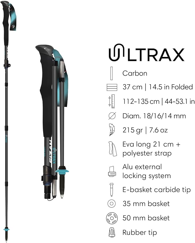 Fizan Ultrax Trekking Poles – Ultralight, Backpacking, Bikepacking, Hiking Trails, Collapsible to 14.5 in, Aluminum or Carbon Fiber