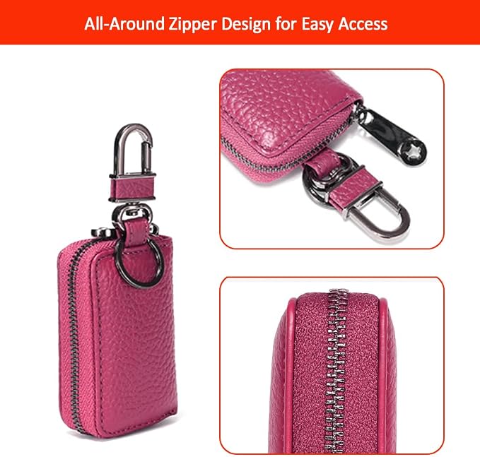 Leather Car Key Case with Zipper, Compact Smart Key Fob Holder with Keychain, Portable Car Key Organizer Pouch