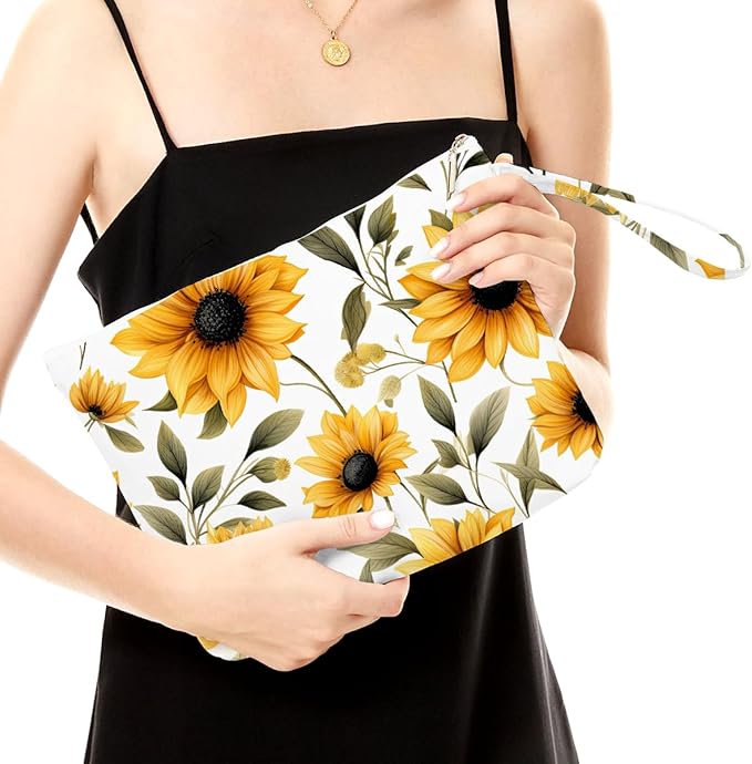 Fokongna Floral Print Wet Bag, Small Portable Waterproof Multi-Functional Organizer for Women, Ideal for Daily, Beach & Travel, Golden Yellow Sunflower Field