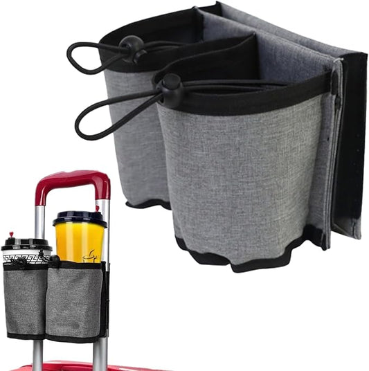 Luggage Travel Cup Holder - Hands-Free Double Coffee Carrier for Suitcases, Ideal for Flight Attendants, Business Trips, Airport Transfers & Train Journeys (Grey)
