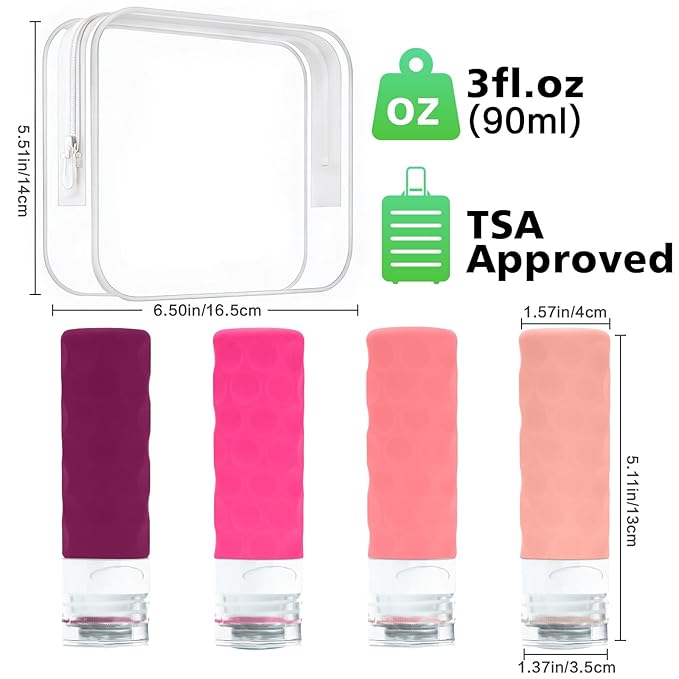 Silevoler Travel Bottles for Toiletries, 4pcs Tsa Approved 3oz Travel Size Containers, BPA Free Leak Proof Premium Silicone Bottles, Refillable Liquid Squeezable Accessories W/Toiletry Bag (Red)