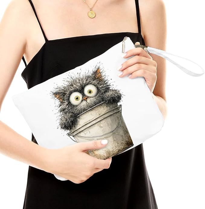 Fokongna Cute Print Wet Bag, Small Portable Waterproof Multi-Functional Organizer for Women, Beige Bucket Grey Cat, Ideal for Daily, Beach & Travel