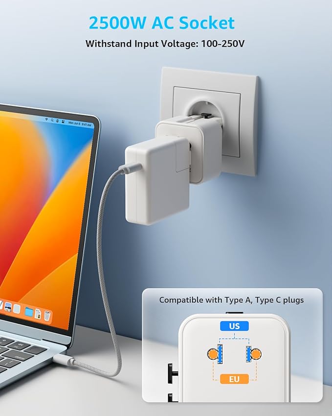 “Air” Universal Travel Adapter, Slim International Travel Plug Adapter with 2500W Max AC Socket, All in One Portable Adaptor, for USA, UK, EU, AU ＆ 224+ Countries (White) US